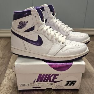 Nike White and Metallic Purple High-Top Sneakers